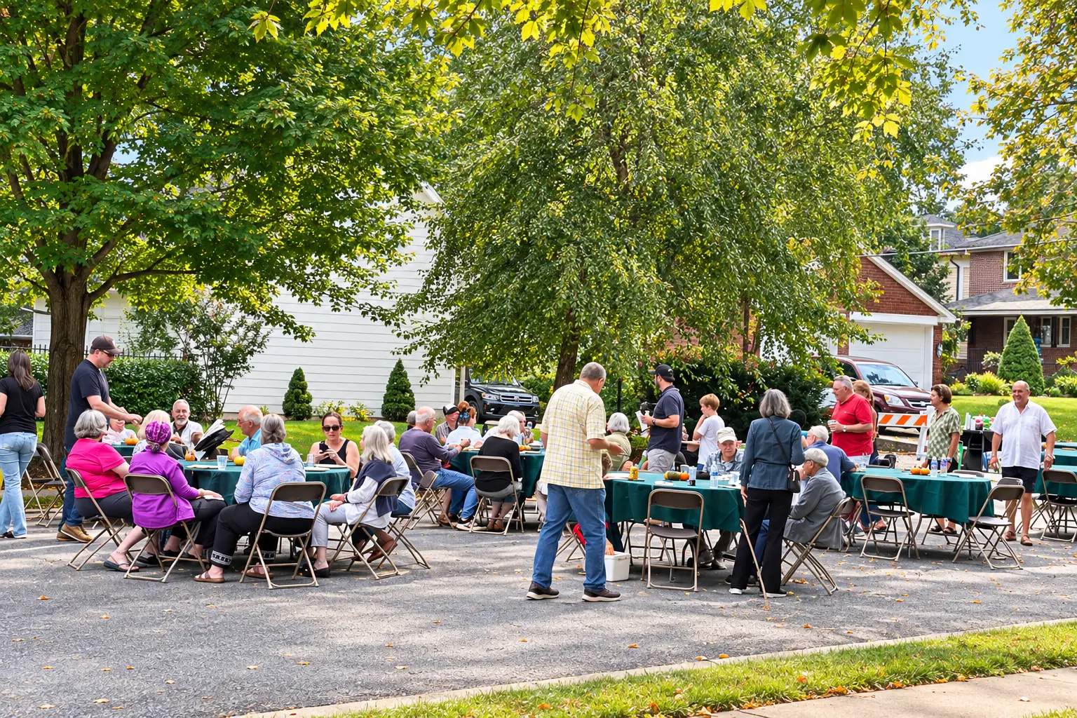 Neighbors at long tables under the trees on a closed Springdale street, some seated and talking, others standing with plates